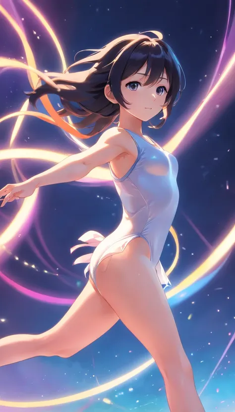 Standing with one leg raised high、No panties、 genitals are showing through、Glossy pure white rhythmic gymnastics leotard、sexy  pose、no-bra、huge tit、Shiny black long hair、Shameful、Rhythmic gymnastics arena