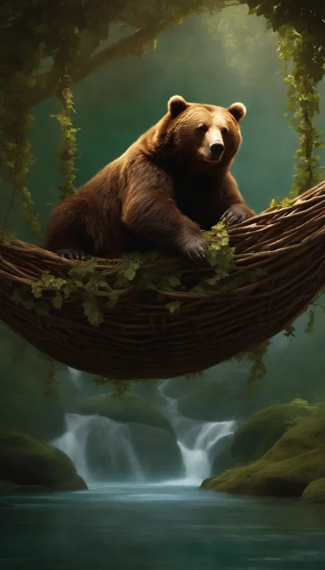 Classic negative portrait photo, fantasy video game character concept art, Cute Brown docile bear dozing in a hammock made of vines, dungeons and dragons, fantasy, river, fog, halo, Bloom, dramatic atmosphere, dark 1970s fantasy film, centered, rule of thi...