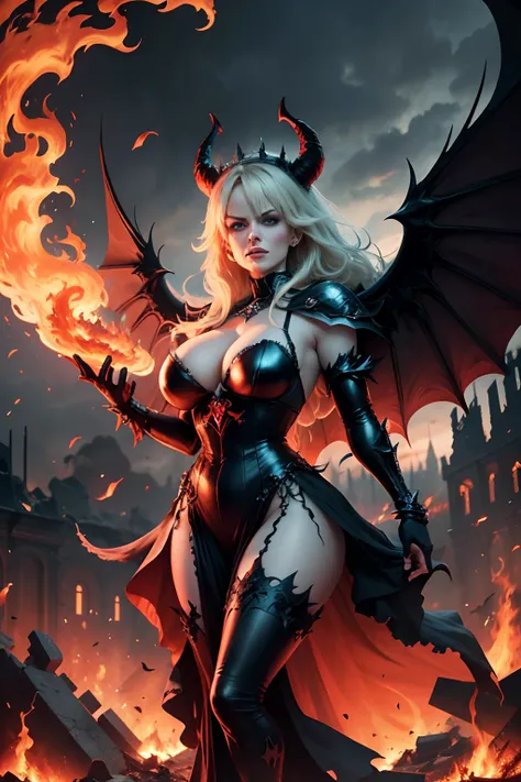 Ultra-detailed Stormy Daniels stands atop a pile of burning ruins, Her diabolical and insidious presence radiating from her dark crown and black and red evil queen dress....... Her demon wings on her back and demon horn give her an invincible aura as she u...