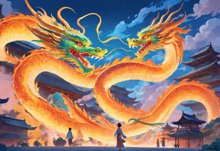 Describe the bright and bold colors of the oriental dragon in the image.
Write the graceful movements of dragons, Depicted in his sinuous pose.
Imagine the background of traditional Chinese festivals, The Eastern Dragon danced in the cheering crowd.
Intric...