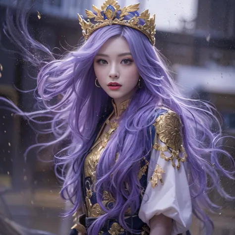 Blood Girl 32K（tmasterpiece，k hd，hyper HD，32K）Long flowing bright purple hair，blood pond，zydink， a color，Silent （Post-halo）， （Old blue and white scarf）， Combat posture， looking at the ground， long whitr hair， Floating bright purple， Fire cloud pattern gold...