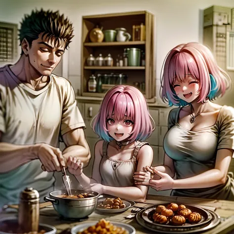 riamu yumemi,guts,couple,husband and wife,riamu motherly,house wife,cooking,mother and son,children,family,happy,(best quality,4k,8k,highres,masterpiece:1.2),ultra-detailed,(photo1.37),joyful,loving,embrace,adorable,cheerful,blissful,togetherness,warmth,sm...