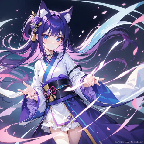 Girl, cute features, bright blue eyes, long dark purple hair, short kimono, cat ears and tail, light smile