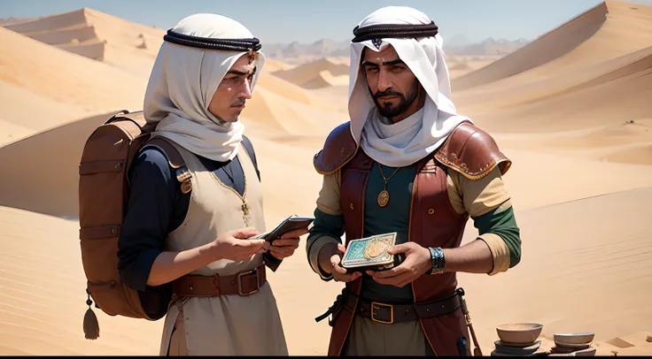 Arab merchant, Ancient times, PUTTING SOME COINS IN THE HAND OF ANOTHER TRADER, IN THE MIDDLE OF THE ARAB DESERT, AO AR LIVRE