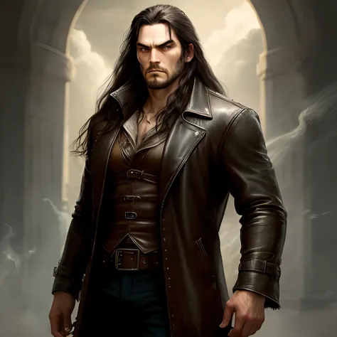 1 Tall scruffy man, cowboy, scarred face, leather duster coat, revolver, dark fantasy, occult, intimidating, long hair