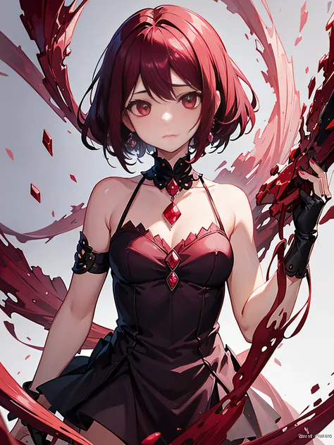 A broken ruby girl composed of the gemstone ruby. Tears flowing from her eyes