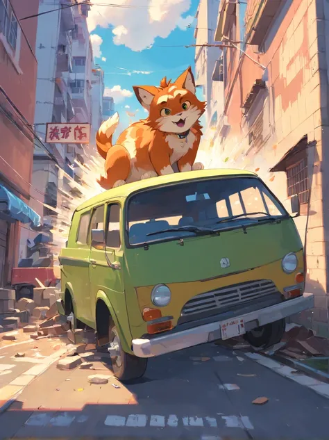 ((Crash into a wall))、Truck hits wall、Cat driving a truck、Futebutesi、malicious、Fat cat,Changan China, Art Nouveau illustration, Detailed sky, China Punk, Descriptive narrative, Solarization Master, quito school, Visual poetry