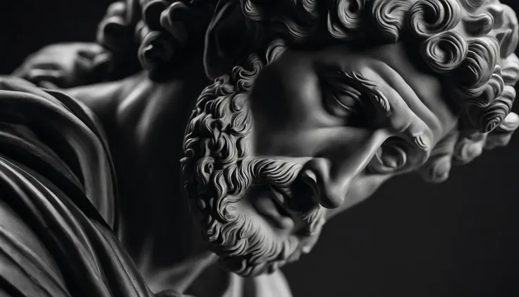 a portrait statue of the stoic Marcus Aurelius in black and white 4K,Face de lado, papel de parede super realista, Corpo, forte, barriga forte, musculoso