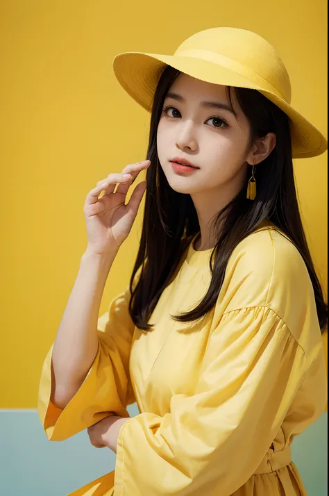 araffe woman in a yellow hat posing for a picture, official artwork, chiho, aoshima chiho, promo art, jaeyeon nam, sakimichan, album art, aya takano color style, artstyle hiraku tanaka, yellow backdrop, promo still, promo shot, colorful photo, official art...