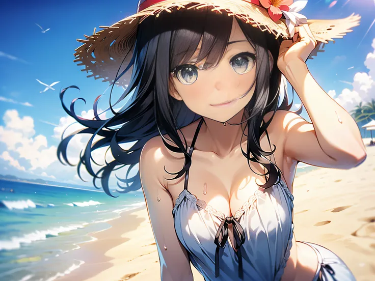 in 8K、top-quality、​masterpiece、ultra-detailliert、Ultra-high resolution、Anime style、1人の女性、Mid summer、White sandy beach、the beach、camisole、a straw fedora hat