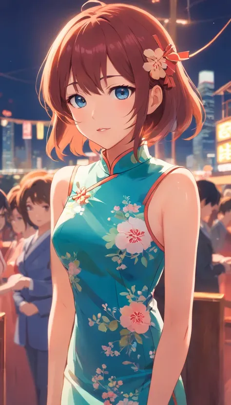 tmasterpiece，best qualtiy，anime big breast，redheadwear，Young girls，Positively，full bodyesbian，Big eyes，blue color eyes，Put your hands together，Chest protrusion，Chinese style cheongsam，The mouth is slightly open，morbid，frenzied，Saliva drawing