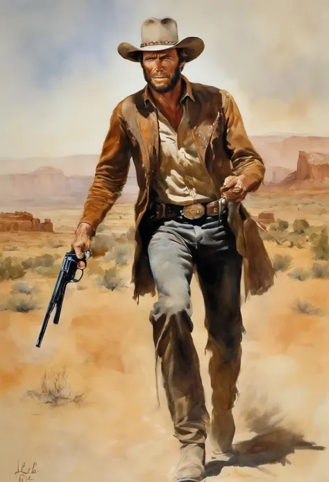 A cowboy  (Young Clint Eastwood) (good the bad and the ugly) holding a gun in her hand, ((Angry 1.4)), Riding a running horse, Screaming, Action, The dark side, Mystery , Dark background, pastels, author：Harry Bush, James Montgomery Flagg and Louise Van Ba...