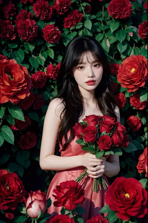 arafed woman holding a bunch of red roses in front of a colorful background, with flowers, bae suzy, gemma chan girl portrait, jaeyeon nam, korean artist, album art, flowers in background, shot on nikon z9, twice, in red background, official artwork, holdi...