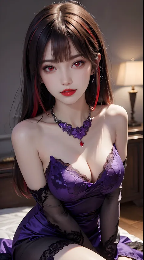 A beautiful and sexy 20 year old girl, wearing a super thin red dress, ((long hair and seven-colored bangs:1.6)), the most detailed jewelry and beautiful hair, ((wears purple lace necklace:1.6) )), Super cute small face, very pretty face, thin eyebrows, fl...