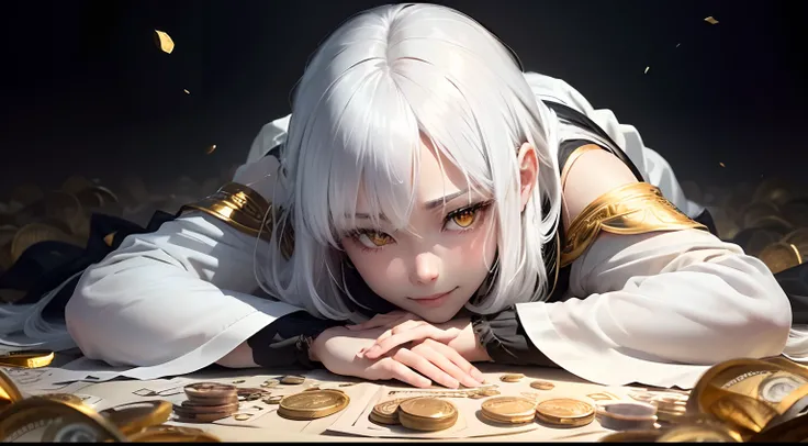 best quality, white hair, gold eyes, black clothes, looking up, upper body, hair strand, Fair skin, smiling, Banknotes and coins are scattered, lie down