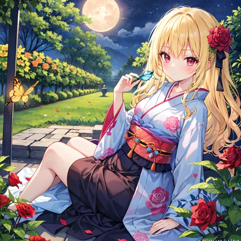 Wavy blonde、butterflys々、red eyes、Beautiful girl alone、Kimono、a moon、natta、rose garden、red blush