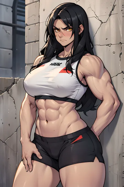 ((1 girl)), extremely long hair, solo, ((muscular)), veins, black hair, yellow eyes, blushing, (thick thighs), pale skin, strong, veins, abs, big thighs, (huge breasts), navel, angry, against wall, concrete wall, crop top, bike shorts