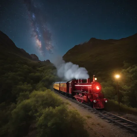 Master Parts、Superior Quality、superior image quality、The 8k quality、Beautiful pictures of the starry sky、magnifica、Arched Milky Way:1.9、steam train