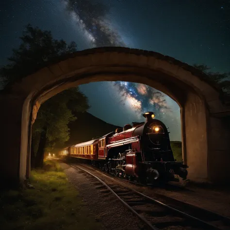 Master Parts、Superior Quality、superior image quality、The 8k quality、Beautiful pictures of the starry sky、magnifica、Arched Milky Way:1.9、steam train