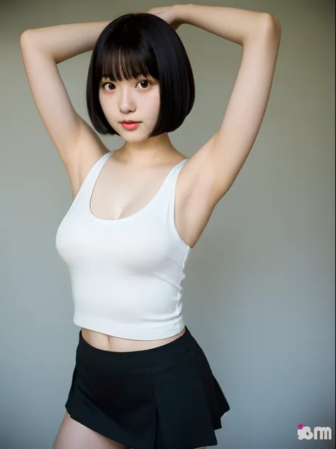 1 girl, Colossal tits, White tank top, Black Short Miniskirt,Bob Hairstyles, Smooth armpits, 18 year old Japanese girl, 超A high resolution, 70mm lens