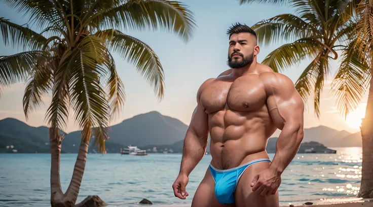 A Chinese bodybuilder，Wear white thongs，the super hot and sexy，lightblue hair, short detailed hair, On the shores of Lake Berga，Sunset lights, Short beard perfect figure with tattoos, Very huge and strong body, Bulging muscles, musculous, Very large pector...