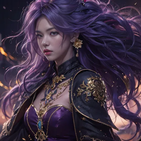 Blood Girl 32K（tmasterpiece，k hd，hyper HD，32K）Long flowing bright purple hair，blood pond，zydink， a color，Grumpy （Post-halo）， （Linen scarf）， Combat posture， looking at the ground， long whitr hair， Floating bright purple， Fire cloud pattern gold tiara， Chine...