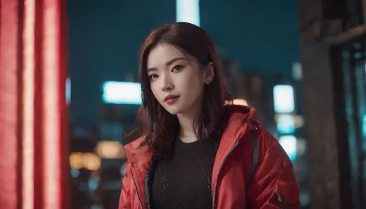 japanaese girl,pale skin,beatiful face,hair light,red jacket,Tokyo at night, with Cyberpunk style,Japanese streetwear,Tokyo Fashion,In a Cyberpunk 2 jacket 0 7 7,Full-length,attractive pose