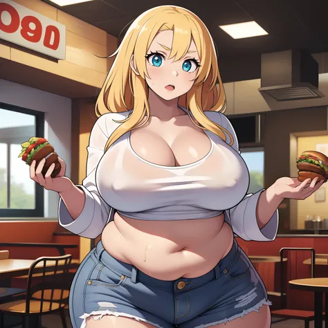 ((highres)), Masterpiece, high quality, best quality, beautiful, perfect lighting, detailed face, ultra cute face, ((2girls)), one girl has blonde hair, blue eyes, crop top and shorts skindentation, one girl has brown hair, green eyes, jeans, white shirt, ...