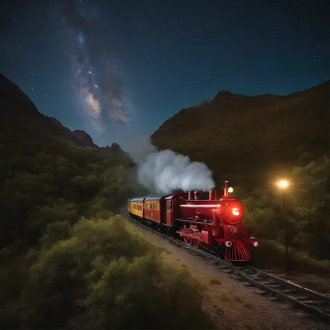 Master Parts、Superior Quality、superior image quality、The 8k quality、Beautiful pictures of the starry sky、magnifica、Arched Milky Way:1.9、steam train