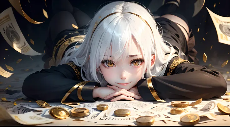 best quality, white hair, gold eyes, black clothes, looking up, upper body, hair strand, Fair skin, smiling, Banknotes and coins are scattered, lie down