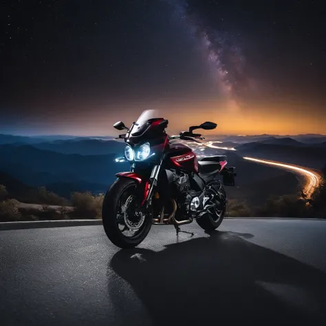 Master Parts、Superior Quality、superior image quality、The 8k quality、Beautiful pictures of the starry sky、magnifica、Arched Milky Way:1.9、Motorcycle on the highway