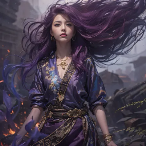 Blood Girl 32K（tmasterpiece，k hd，hyper HD，32K）Long flowing bright purple hair，blood pond，zydink， a color，Grumpy （Post-halo）， （Linen scarf）， Combat posture， looking at the ground， long whitr hair， Floating bright purple， Fire cloud pattern gold tiara， Chine...