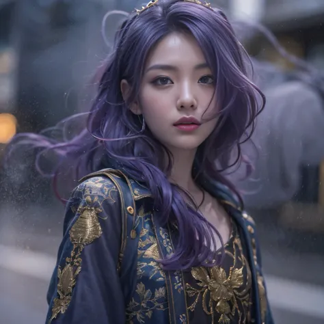 Blood Girl 32K（tmasterpiece，k hd，hyper HD，32K）Long flowing bright purple hair，blood pond，zydink， a color，Grumpy （Post-halo）， （Linen scarf）， Combat posture， looking at the ground， long whitr hair， Floating bright purple， Fire cloud pattern gold tiara， Chine...