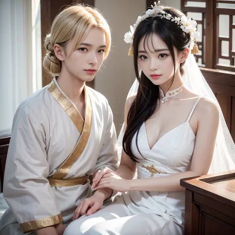 (a couple, Beautiful girl and boy), large watery eyes, Looking at each other, Smiling and wearing white clothes, Delicate hair, Ancient Chinese beauty and handsome man, dressed in ancient Chinese clothing, Flowing Tulle, Light silk,(clean back ground), Ink...