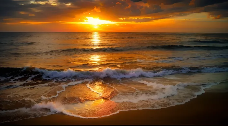 an orange、pink there、Yellow blends to fill the sky、The sunset over the beach is truly mesmerizing。The crystal clear sea gently kisses the shore、White sand beaches stretch everywhere。Seagulls soar high into the sky、It is a dynamic and breathtaking scene wit...