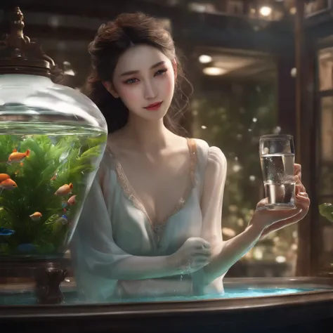 Best Quality, masutepiece, 超A high resolution, (photos realistic:1.4), surrealism, ((Ultra detailed CG Unity 8K wallpaper))、masutepiece、Superb quality、Delicacy shines with beauty、Woman pouring water into the aquarium with a rubber tube、Delicate Makeup、Tear...