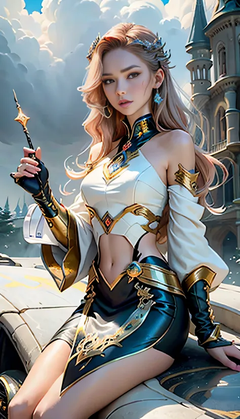 1girll, 8K quality，full bodyesbian, Mage style, Sexy goddess，The facial features are delicate and beautiful，Red long-haired，Fairy stick in hand，wands，Stand high，der riese，Architectural view of the ancient castle，blueglow，dark stormy clouds，Sky spaceship，Mu...