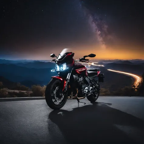 Master Parts、Superior Quality、superior image quality、The 8k quality、Beautiful pictures of the starry sky、magnifica、Arched Milky Way:1.9、Motorcycle on the highway