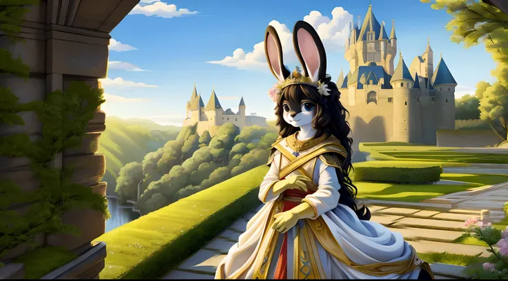 masterpiece, best quality, perfect anatomy, 4k, (black rabbit princess), furry, smile, castle garden, Photo from the shoulders up, hands clasped, gloves,1girl, face only, solo