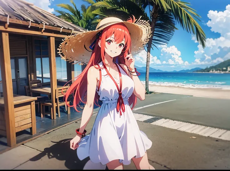 There is a woman in a white dress and straw hat on the beach, 3d anime girl, Smooth Anime CG Art, with straw hat, Game CG, render of a cute 3d anime girl, photorealistic anime girl render, Asuka as a surfer model, pixiv 3dcg, anime thai girl, Lori, iray, R...