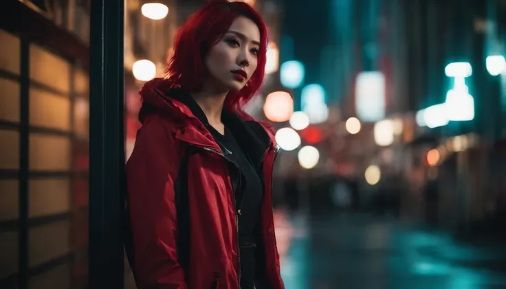 japanaese girl,pale skin,beatiful face,rose hair,red jacket,Tokyo at night, with Cyberpunk style,Japanese streetwear,Tokyo Fashion,In a Cyberpunk 2 jacket 0 7 7,Full-length,attractive pose,non-standard angle