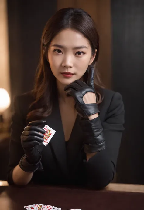 A young Japanese woman with a black suit up to a shirt and playing cards with black leather gloves on both hands