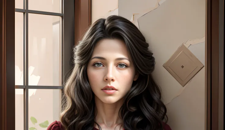 Hay una mujer con el pelo largo y una camisa roja, ojos azules intensos, Imagen realista, No estilo de arte de Bowater, Pieza maestra! Retrato de Arwen, Retrato de una imagen realista del siglo XIX, Imagen fotorrealista, Retrato realista, foto realista, He...