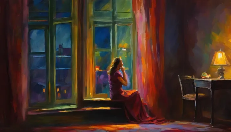 big size girl alone sit by window, dark room, night