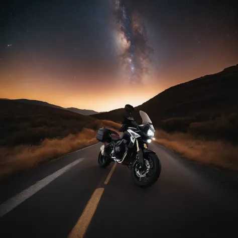 Master Parts、Superior Quality、superior image quality、The 8k quality、Beautiful pictures of the starry sky、magnifica、Arched Milky Way:1.9、Highway motorcycle