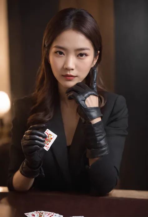 A young Japanese woman with a black suit up to a shirt and playing cards with black leather gloves on both hands