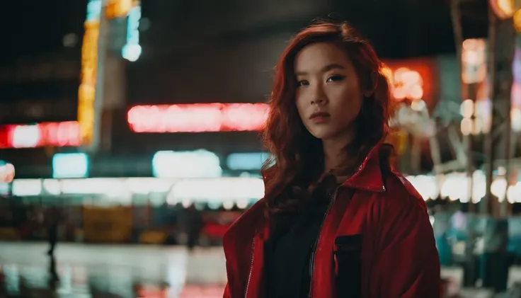 japanaese girl,pale skin,beatiful face,rose hair,red jacket,Tokyo at night, with Cyberpunk style,Japanese streetwear,Tokyo Fashion,In a Cyberpunk 2 jacket 0 7 7,Full-length,attractive pose