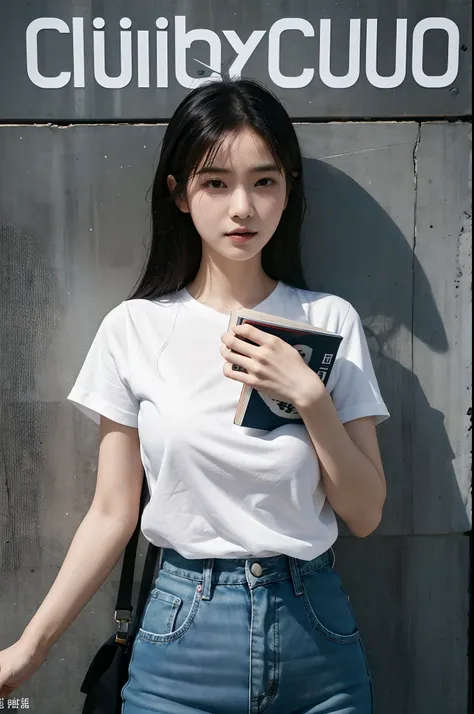 arafed woman in a white shirt and jeans holding a book, on the cover of a magazine, cover shot, chiho, promo art, lulu chen, ad image, photo for a magazine, (((luke chueh))), magazine photo, business, cai xukun, promo shot, by Choi Buk, inspired by Choi Bu...