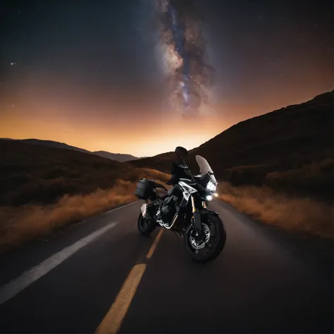 Master Parts、Superior Quality、superior image quality、The 8k quality、Beautiful pictures of the starry sky、magnifica、Arched Milky Way:1.9、Highway motorcycle