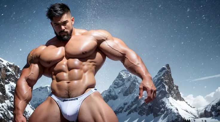 A Chinese bodybuilder，Wear white thongs，the super hot and sexy，lightblue hair, short detailed hair, on a snowy mountain，It was snowing heavily，Sunset lights, Short beard perfect figure with tattoos, Very huge and strong body, Bulging muscles, musculous, Ve...